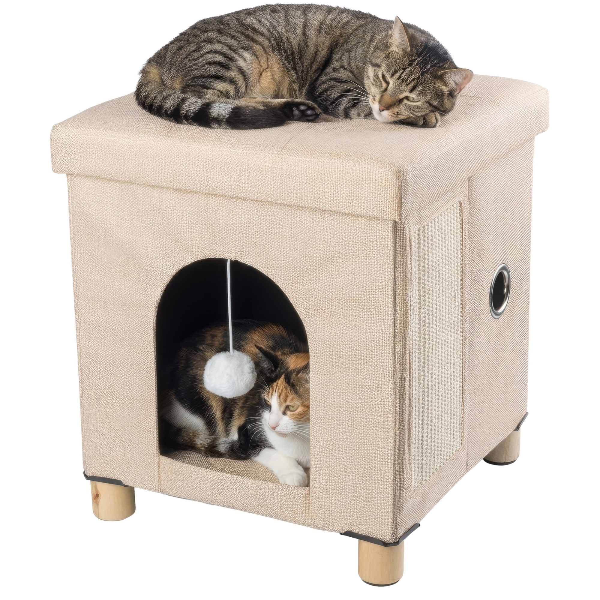 PETMAKER Indoor Cat House Ottoman Foot Rest with Sisal Board and Plush Ball Toy (Beige)