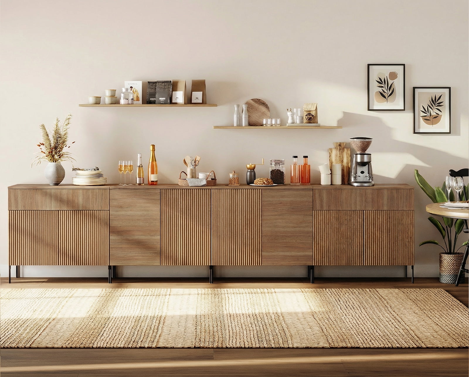 126" Modern Reeded 8-Door Sideboard with Drawers, 4-In-1 Wooden Credenza Storage Cabinet for Kitchen, Dining Room