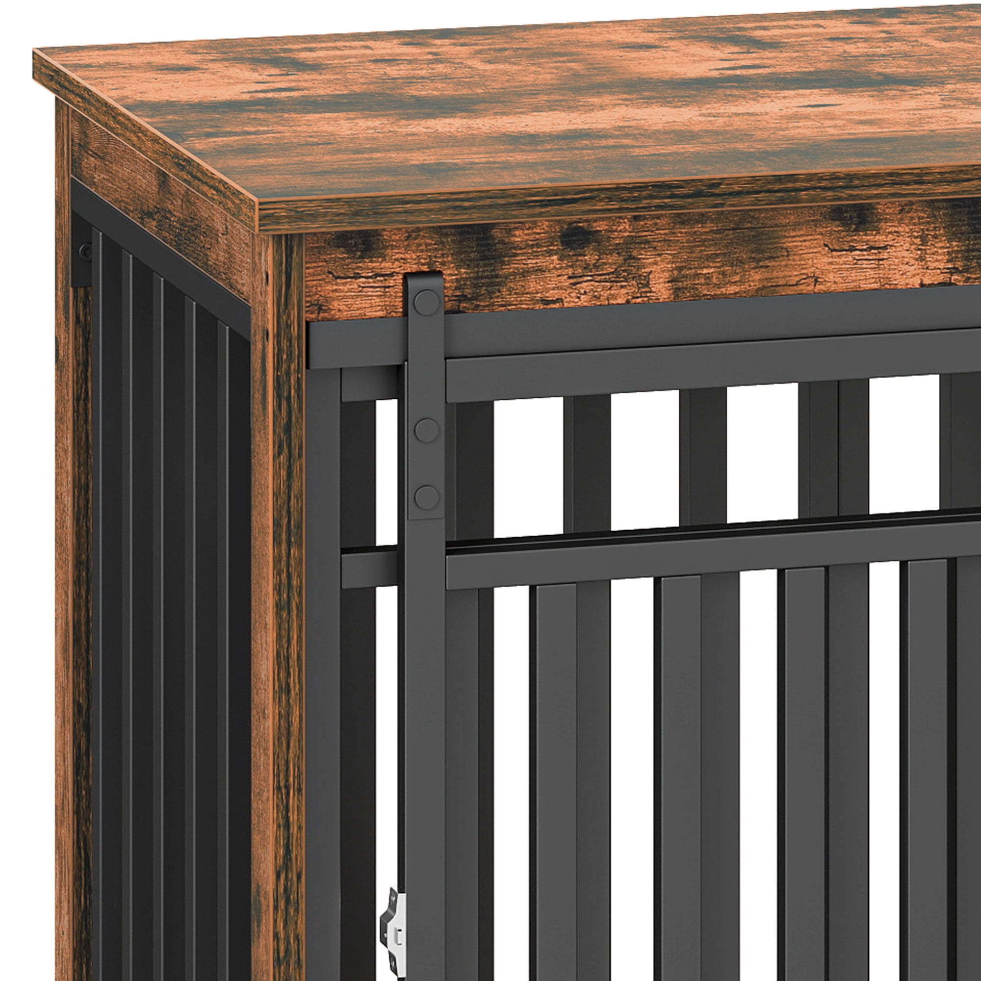 Uforic 71" Double Dog Crate Furniture, Heavy Duty Wood Dual Kennel TV Stand with Sliding Doors & Dog Bowls (Rustic Brown)