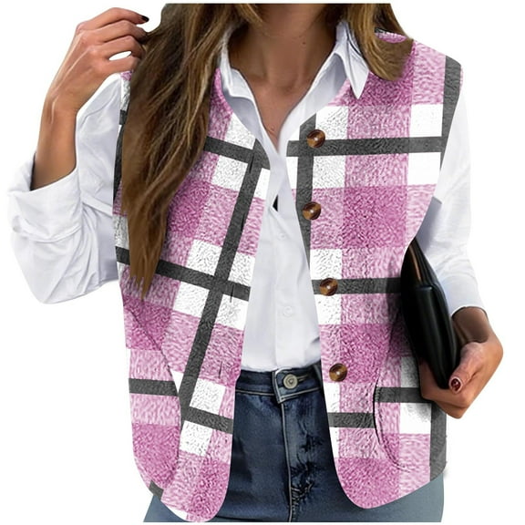 Womens Fleece Vest Casual Sleeveless Sherpa Jacket with Pockets Button Down Fuzzy Outerwear Trendy Color Block Shirts
