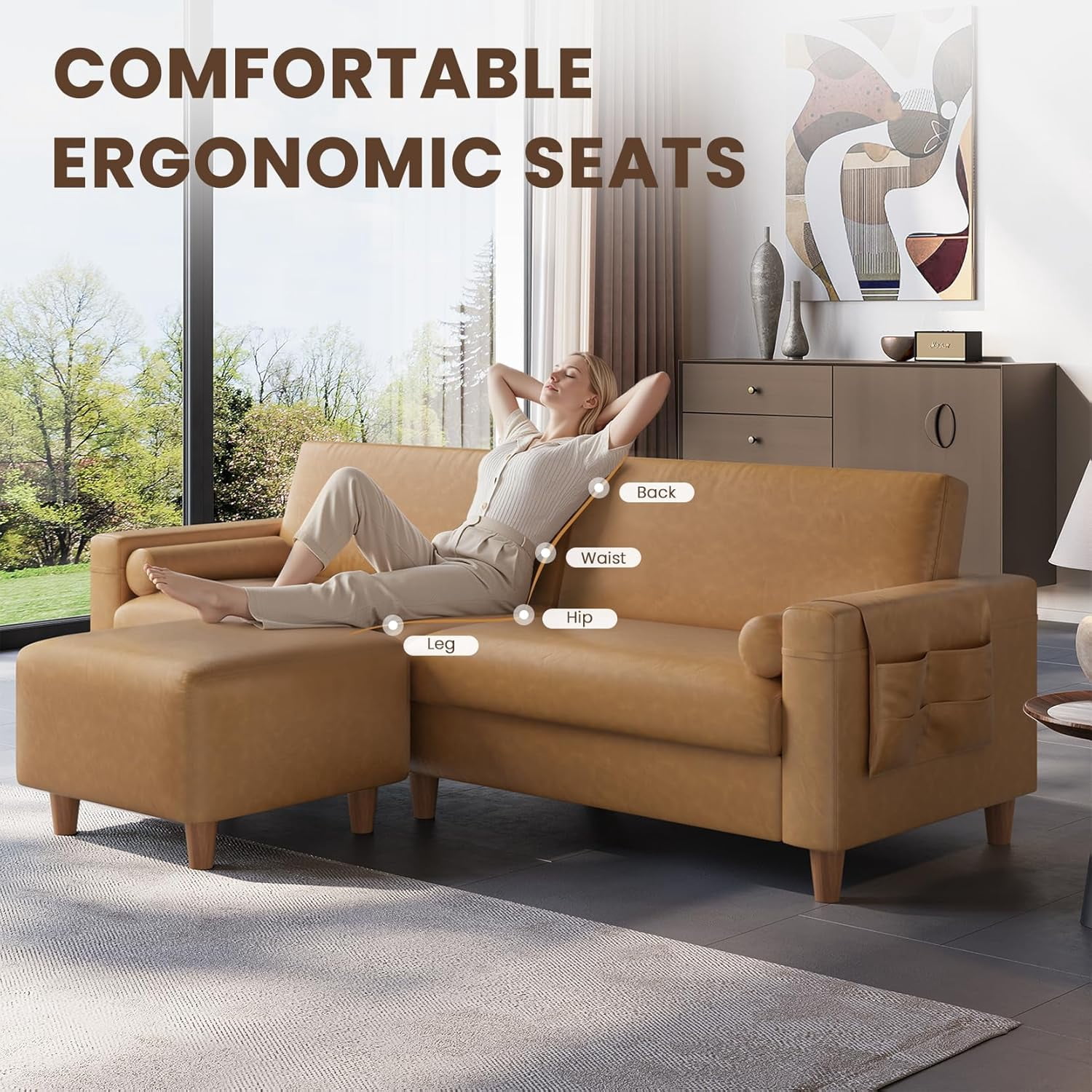 Neche 100" Faux Leather Sofa with Movable Ottoman, Large 2 Seater L Shaped PU Leather Couch with Side Pocket, Comfy Mid Century Modern Modular Sectional Sofa for Living Room, Apartment, Camel