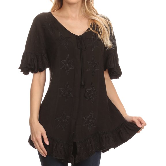 Sakkas Sayle Long Star Embroidered Blouse Shirt Top With Button Front And Ruffles - Black - 1X/2X