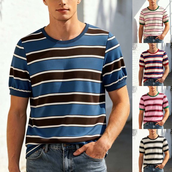 TrendOFT Summer Shirts for Men Crew Neck Color Block Large Striped Short Sleeve Loose Versatile Casual Fashion Mens Tops Black L