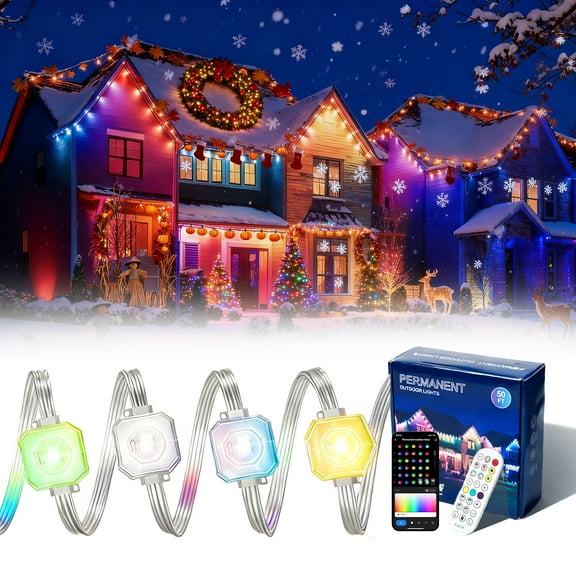 Permanent Outdoor RGB LED Lights, 50ft Waterproof, Smart App & Remote Control for Home, Holiday & Christmas Decorations