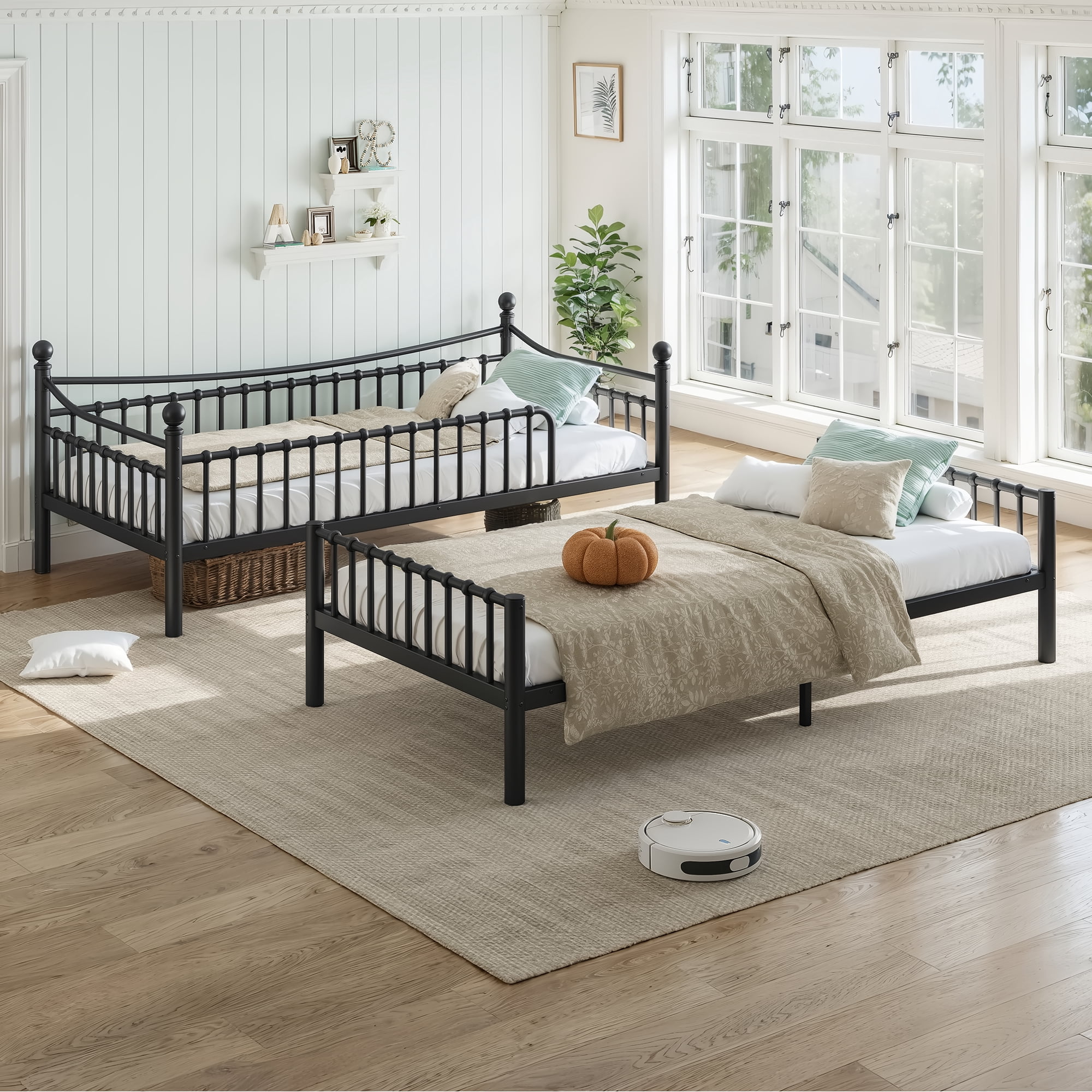 Twin XL Over Twin XL Metal Bunk Bed 87.8 Inch, Curved Guardrail Round Tube Frame for Kids Teens Adults, No Box Spring Needed, Black