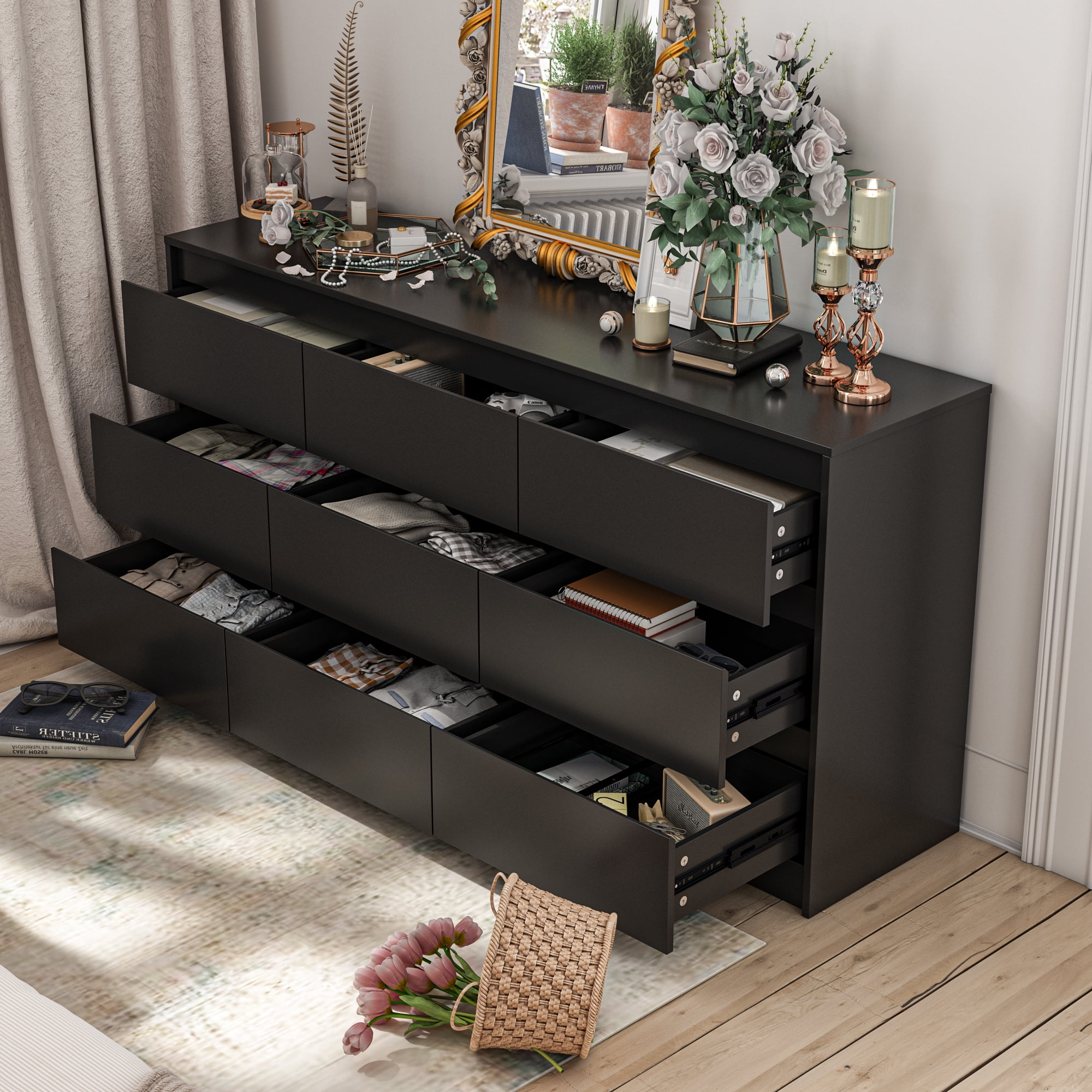 MONSLIPA 9 Drawer Chest of Drawers, Modern Wooden Storage Dresser for Bedroom Hallway, Black