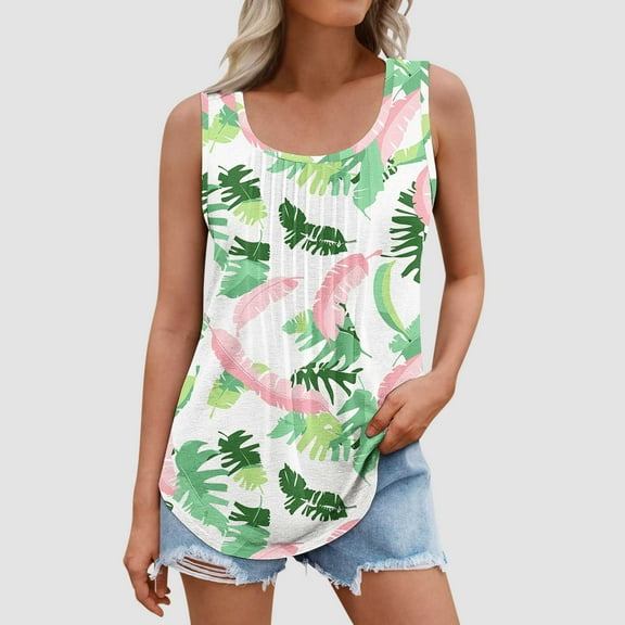 Njagoc3 Womens Summer Pink Palm Leaf Sleeveless Top, V - Neck, Loose Fit, Lightweight Fabric, Casual Daily & Beachwear, Tropical Tank Top