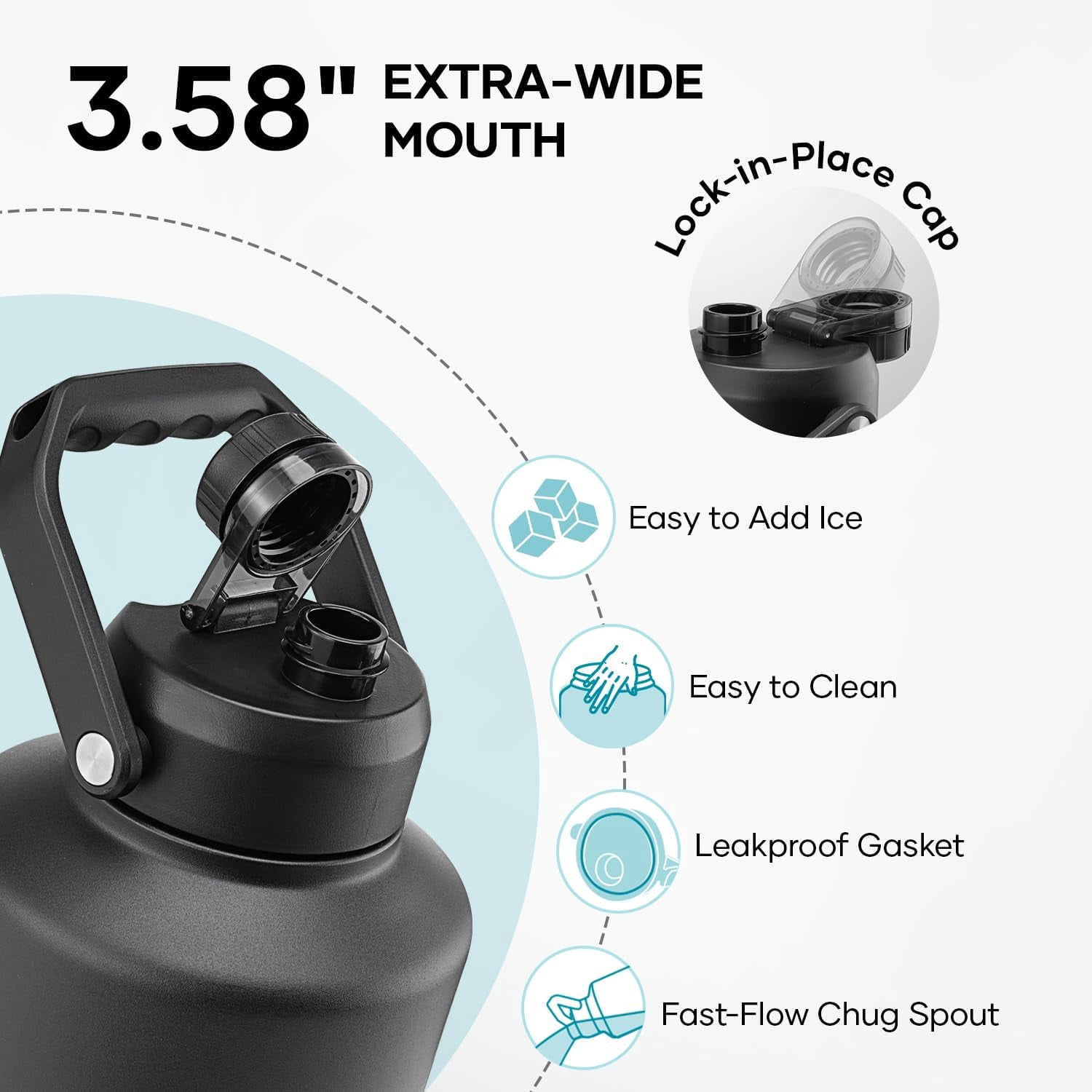 BUZIO 128oz One Gallon Insulated Large Stainless Steel Big Wide Mouth Water Jug Flask Water Bottle with Carrying Sleeve,Black Gray
