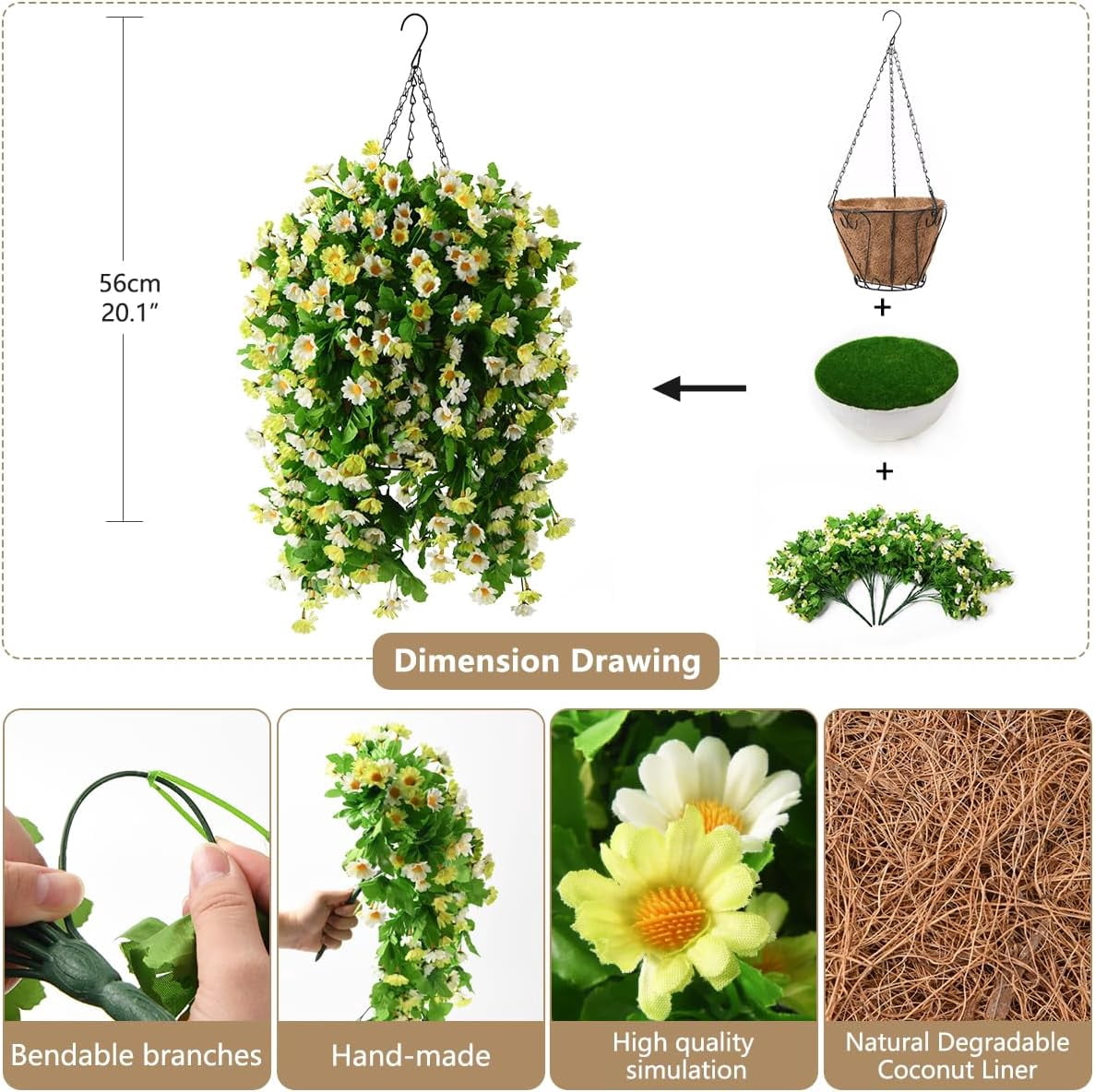 Artificial Silk Flowers in Hanging Basket Outdoor Indoor Garden Decor,Hanging Daisy Flowers with 12inch Coconut Lining Chain Palm Flowerpot(White Green)