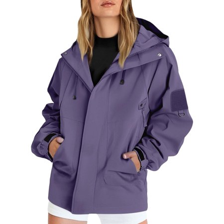 WTOBBY Women s Solid Color Hooded Long Sleeve Windproof Waterproof Thin Jacket Perfect for Outdoor Activities Rainy Weather and Fashionable Everyday Outerwear Purple M