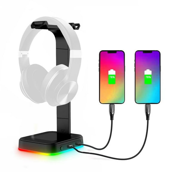 RGB Headphone Stand with 2 USB-C Charging Port and 1 USB Charging Port, Desk Gaming Headset Holder with 7 Light Modes and Non-Slip Rubber Base Suitable for All Earphone Accessories