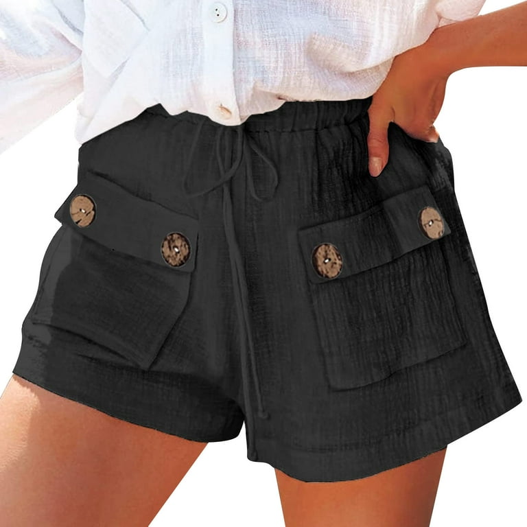 SZXZYGS Shorts for Women Women Casual Summer High Waisted Button Flowy  Comfy Beach Lounge Cotton Linen Shorts with Pockets