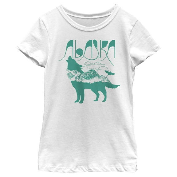 Girl's Lost Gods Alaska Wolf Silhouette  Graphic Tee White Large