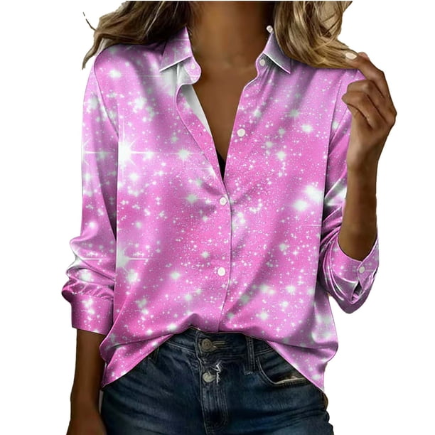 Tops de Manga Larga de Mujer Blusa de Satén Impresa Casual con Botones para el Día de San Valentín, la Moda de Invierno Y Primavera