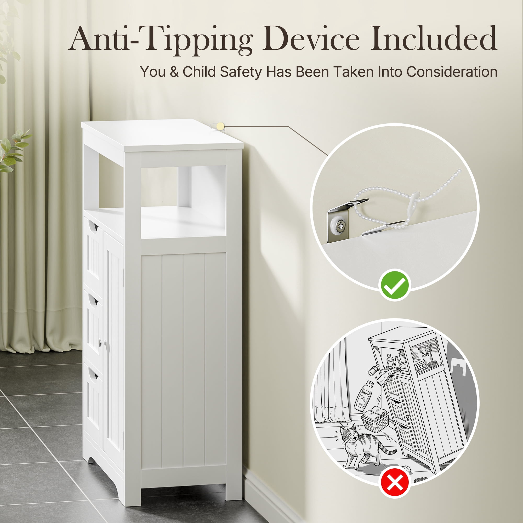 SuperDeal Bathroom Floor Cabinet Freestanding MDF Storage Organizer W/1 Door & 3 Drawers White