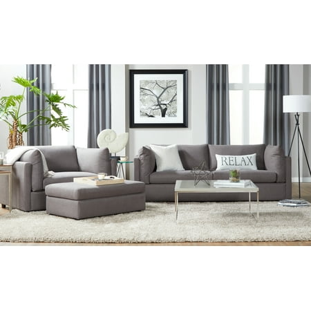 Roundhill Furniture Enda Pillow Back Fabric 3-Piece Sofa and Cuddler Chair Set Carbon Gray