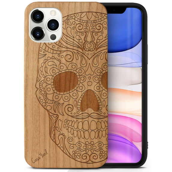 Case Yard Wooden Case Outside Soft TPU Silicone, Slim Fit Shockproof Wood Protective Phone Cover for Girls Boys Men and Women, Supports Wireless Charging Half Skull Design case for iPhone-12-Pro-Max