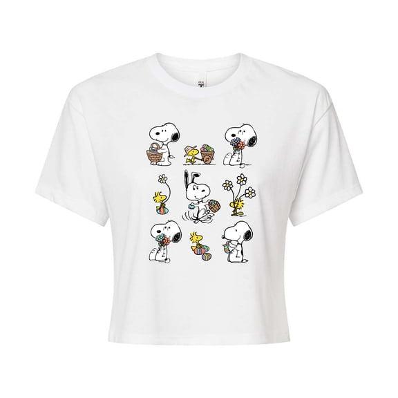 Peanuts - Snoopy & Woodstock Easter Grid - Juniors Cropped Graphic T-Shirt