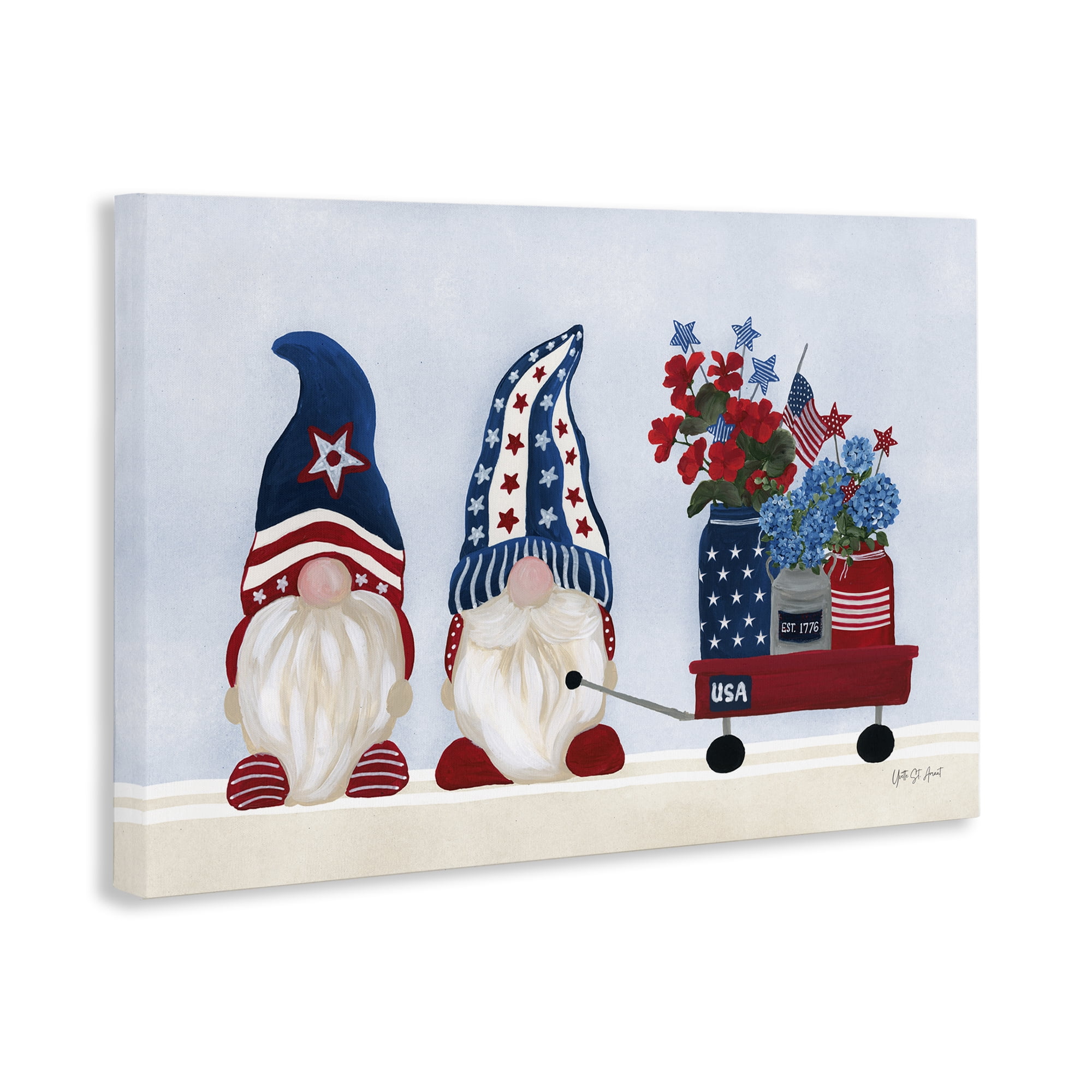Stupell Industries American Gnome & Wagon Patriotic Painting Wrapped Canvas Art Print Wall Art, 24 x 16
