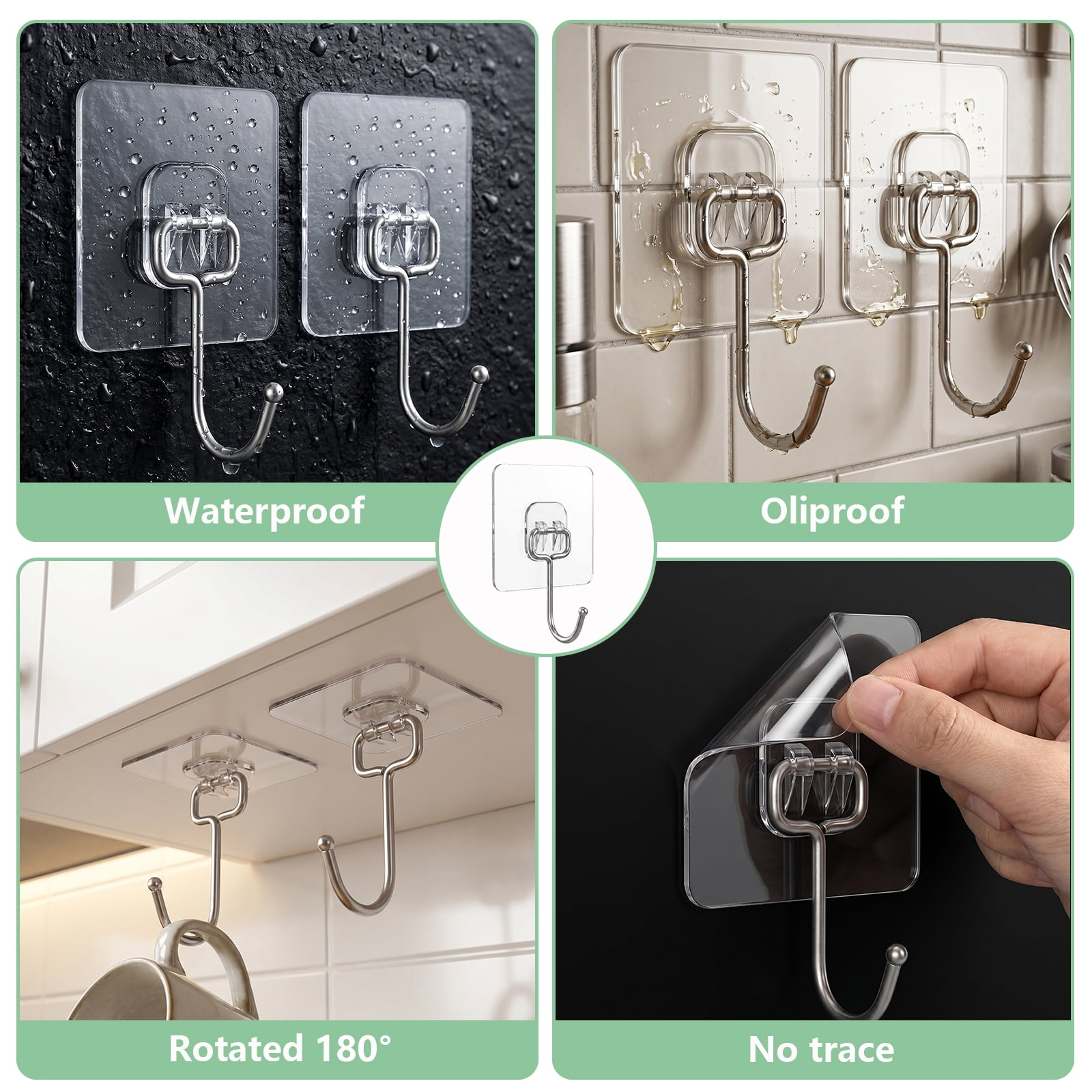 Koomade 8 Pack Large Clear Adhesive Wall Hooks Stainless Steel Heavy Duty for Towels & Coats