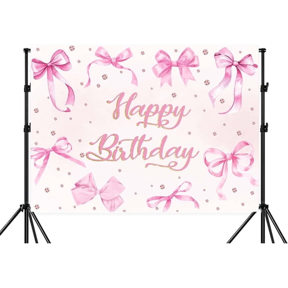 7x5FT Pink Bow Birthday Backdrop Coquette Happy Birthday Photography Background for Cute Bachelorette Girls Women Party Baby Shower Decoration Banner Backdrops Photo Booth Props