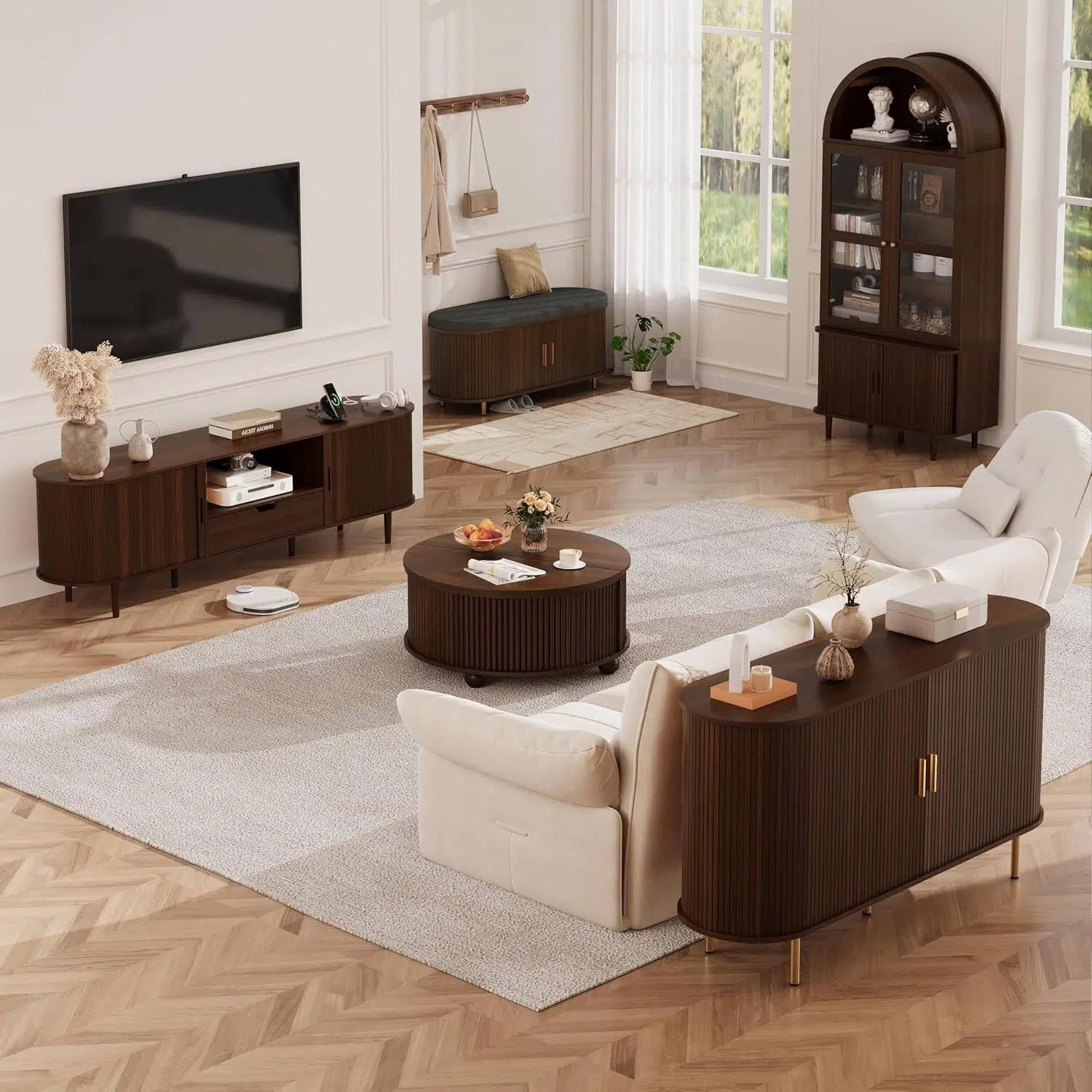 AISWORD 31.5" Fluted Round Coffee Table with Storage, Mid Century Modern Lift Top Drum Accent Table for Living Room Small Space, Walnut