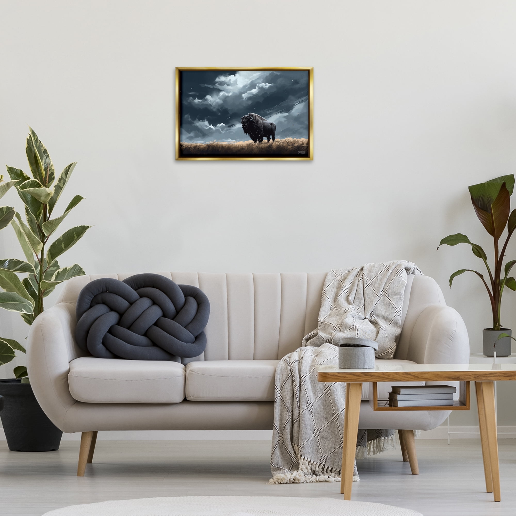 Stupell Industries Bison Silhouette with Clouds Landscape Painting Gold Floater Framed Canvas Art Print Wall Art, 25 x 17