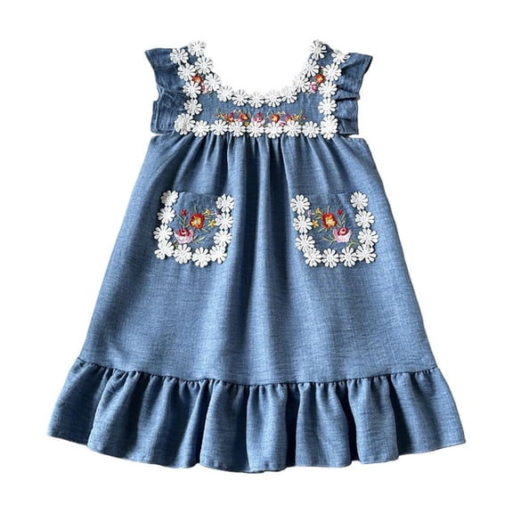 MEZZALL Lace Trim Girls Summer Dress With Embroidery Detail And Side Pockets Beach Holiday Party Sleeveless Fashionable Dresses