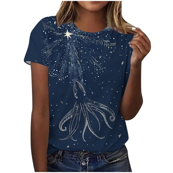 Tops de Ajuste Suelto para las Mujeres Sudadera Casual Impresa Manga Corta Cuello Redondo Superior, Poliéster