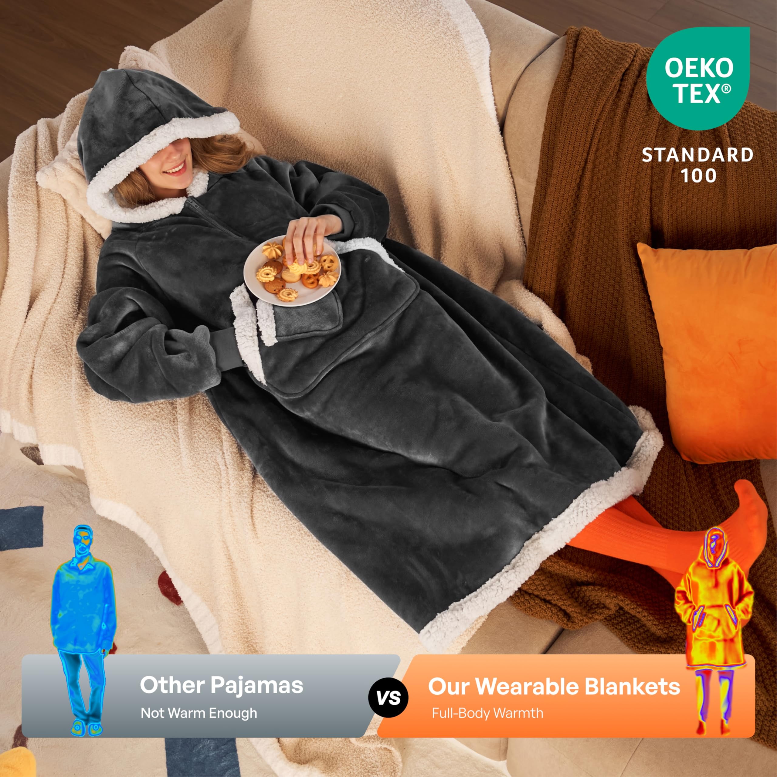 Joyfy Wearable Blanket Hoodie, Long Hooded Blanket Sweatshirt, Oversize Hoodie for Women and Men,Clothing Gift for Women Men Mom Dad,Giant Hood Pocket and Sleeves for Adult(Dark Grey,Oversize)