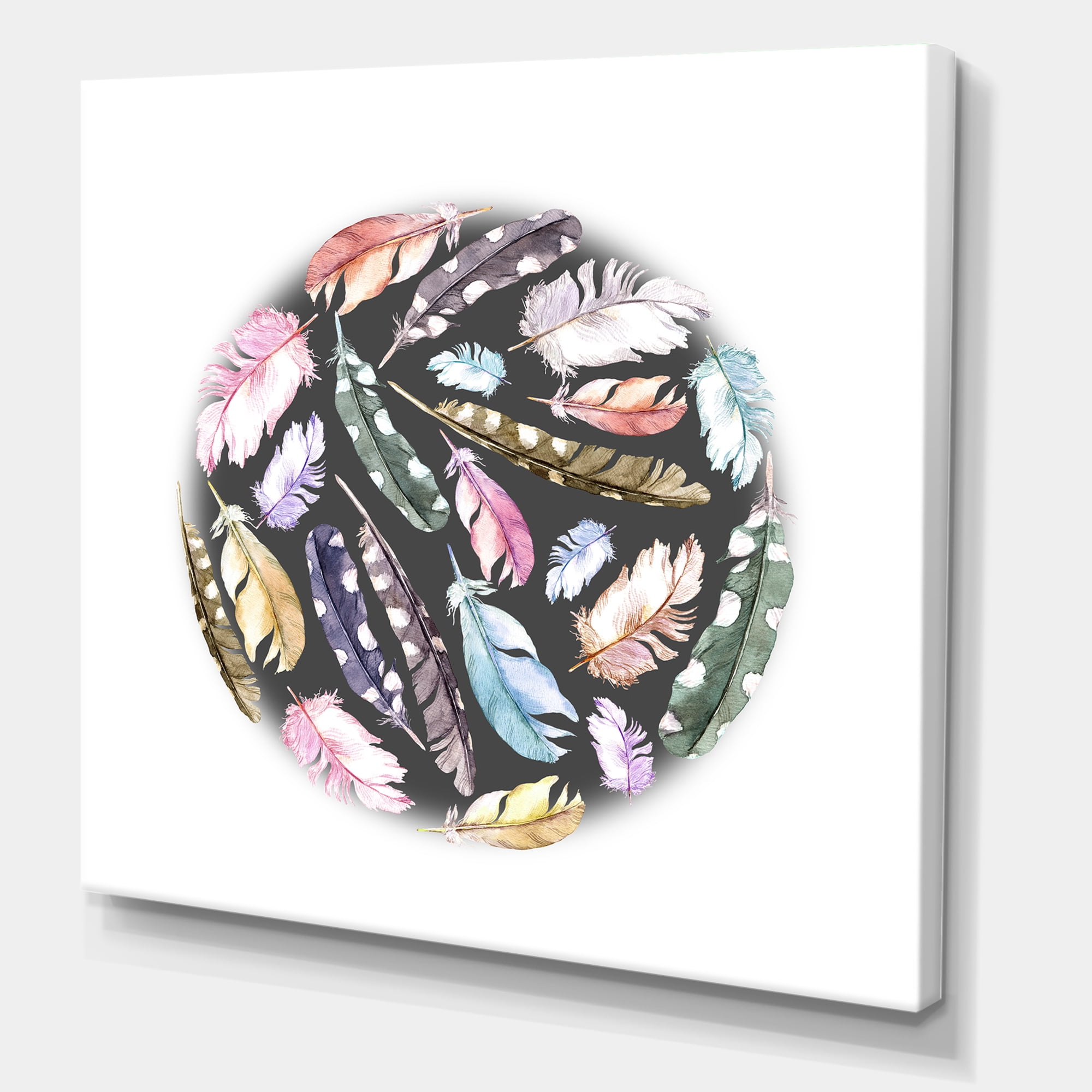 Designart ' Colorful Boho Feathers In Circle Shape ' Bohemian & Eclectic Canvas Wall Art Print