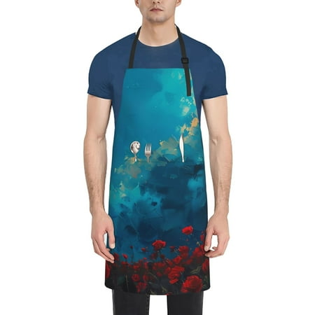 

Xecao Tower And Red Roses Print Kitchen Cooking Aprons Waterproof Adjustable Bib Aprons with 2 Pockets for Women Men Chef