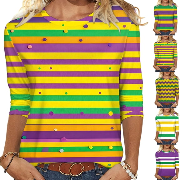 Gamivast Womens Mardi Gras Sweatshirts Striped 3/4 Sleeve Crewneck Pullover Relaxed Fitted Tunic Tee Tops Holiday Carnival Party Outfits 2026
