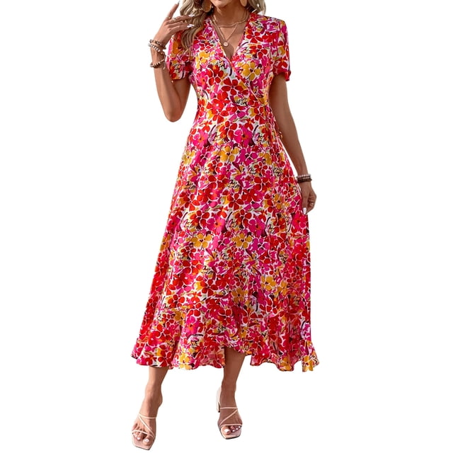 Vestido PRETTYGARDEN Maxi Cruzado Floral Cuello en V Talle XL
