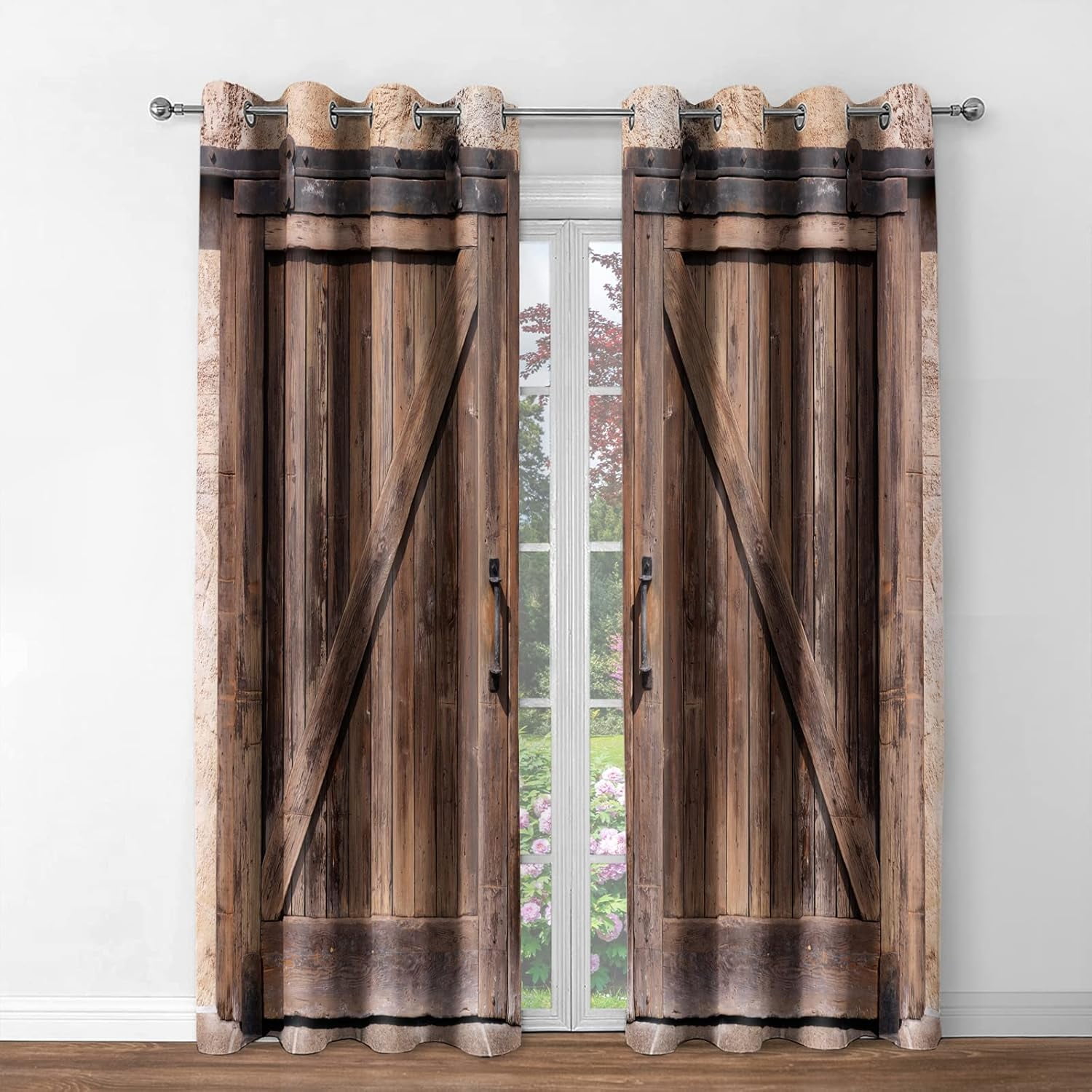 Rustic Wood Blackout Curtains Vintage Wooden Barn Door Farmhouse Home Bedroom Living Room Decor Brown Grommet Window Drapes 2 Panel Set, 42"x84"