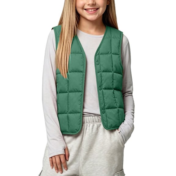 ZACPNCV Kids Puffer Vest V Neck Button Front Sleeveless Quilted Padded Jackets Boys Girls Fall Winter Lightweight Warm Waistcoat,Olive Green