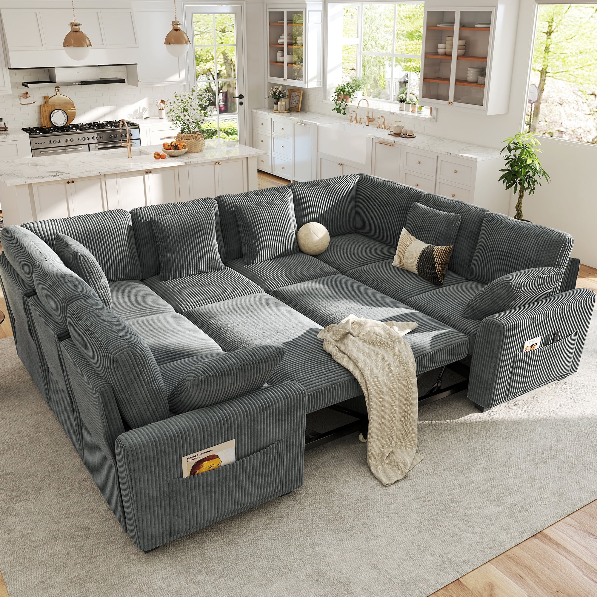 BedLuxury 110" Sectional Sleeper Sofa with Pull Out Bed, Storage Seat & USB Charging, U Shaped Modern Couch for Living Room, Corduroy Gray