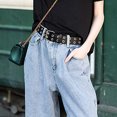 thumbnail image 4 of 1 pieza de cinturones de cuero con ojales para mujer, cinturones de jeans estilo punk vintage con hebilla de doble punta, color negro, 4 of 8