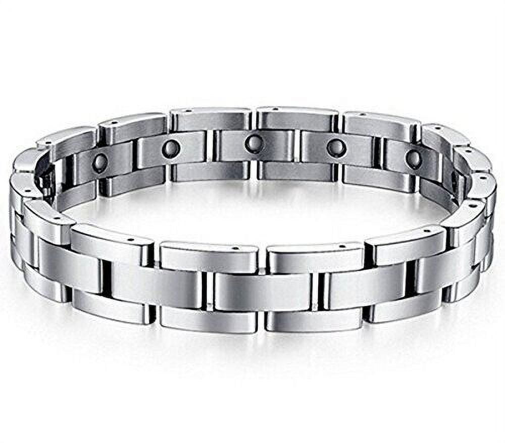 8.5" Mens Titanium Steel Brick Pattern Silver Magnetic Bracelet and Fancy Box.