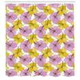 thumbnail image 3 of Hibiscus Shower Curtain, Bicolor Petals of Wild Tropical Flowers Pattern Blooming Details, Fabric Bathroom Set with Hooks, 69W X 70L Inches, Pale Purple Mustard White, by Ambesonne, 3 of 3