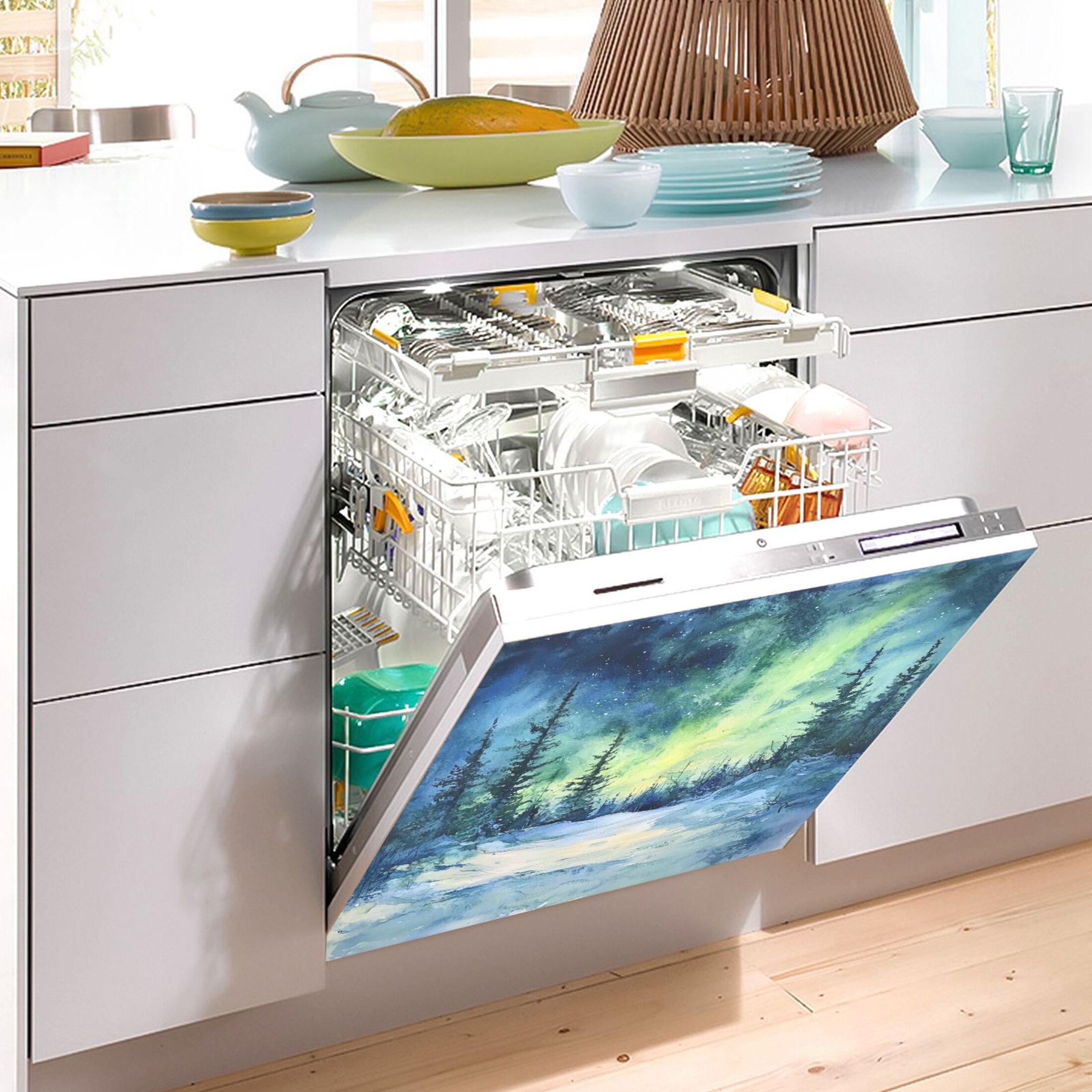 Dishwasher Magnetic Sticker 23x26 Inch Refrigerator Magnetic Sticker Washing Machine Magnetic Sticker Kitchen Panel Magnetic Sticker Home Decor Beautiful Forest Aurora
