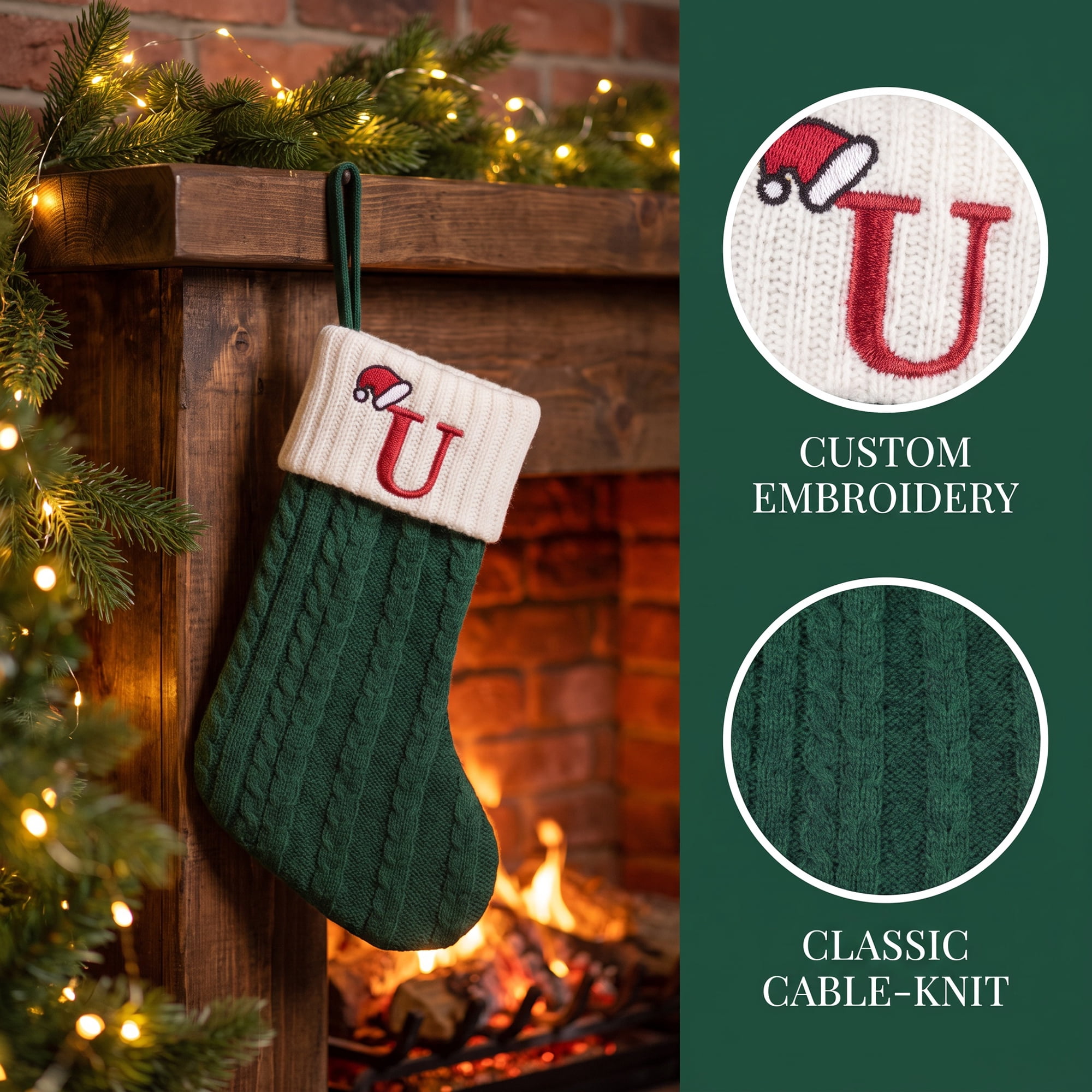Unique Bargains Christmas Luxury Grand Hearth Accent Stocking Green Letter U 8"