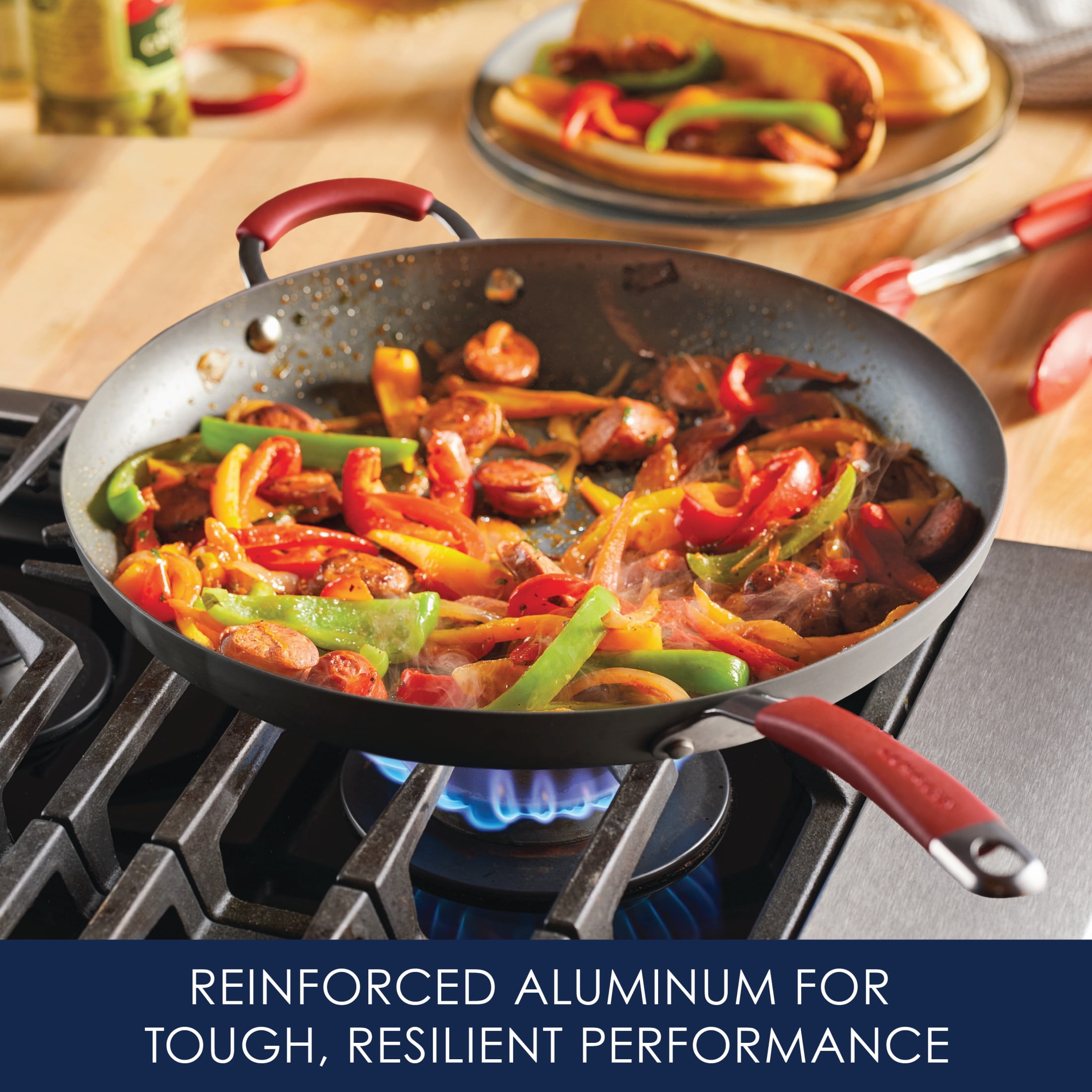 Rachael Ray Cucina Hard Anodized Nonstick Frying Pan with Helper Handle, 14-Inch, Gray/Cranberry Red