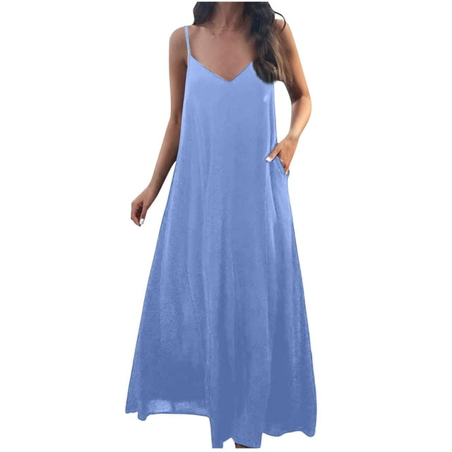 AherBiu Robes d'Été pour Femmes Sans Manches à Col en V Plongeant, Robes Maxi Fluides, Plage Bohème, Vacances, Longue Robe