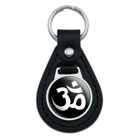 Om Aum Yoga White on Black Black Leather Keychain