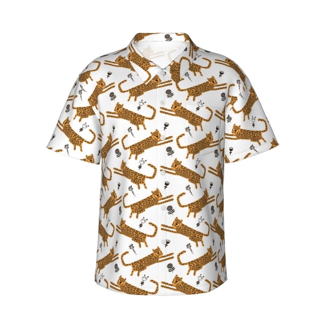 Balery Leopard Print Camisas hawaianas de manga corta para hombre, camisas playeras de corte holgado, camisas de vacaciones con botones,Small