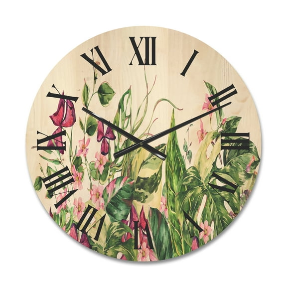 Designart 'Ancient Floral Tropical Leaves I' Tropical Wood Wall Clock