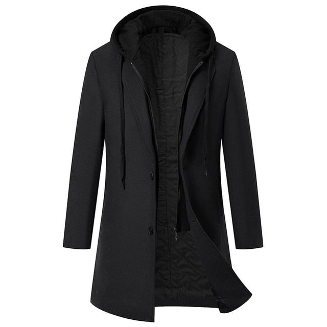 RXIRUCGD Men Zipper Button Thickening Hooded Fake Two Items Medium Long Woolen Overcoat Cotton Jacket, Black, Size: M