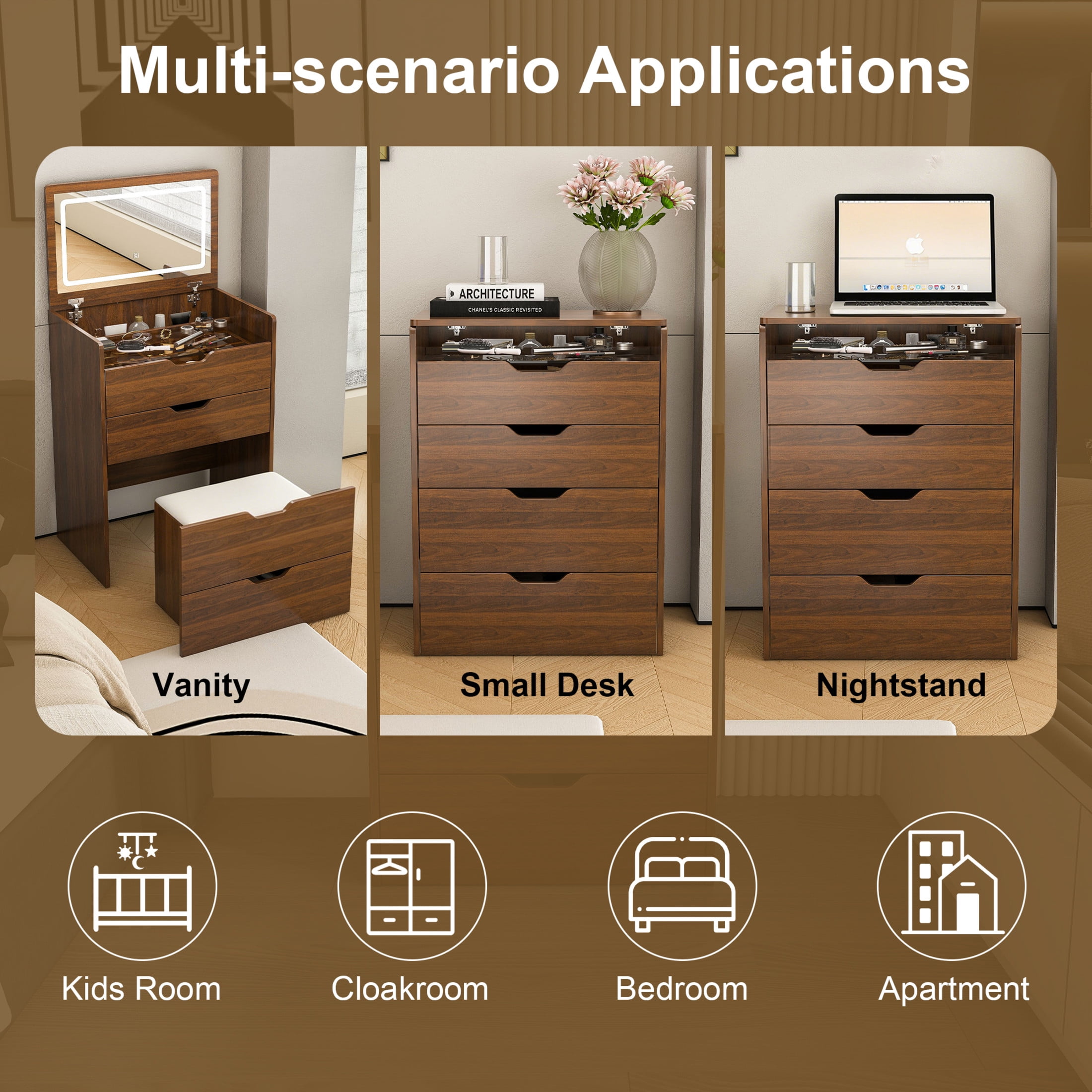 Noble House 23.62" Makeup Vanity Desk with LED Mirror, Storage Stool and Drawers, Walnut+White