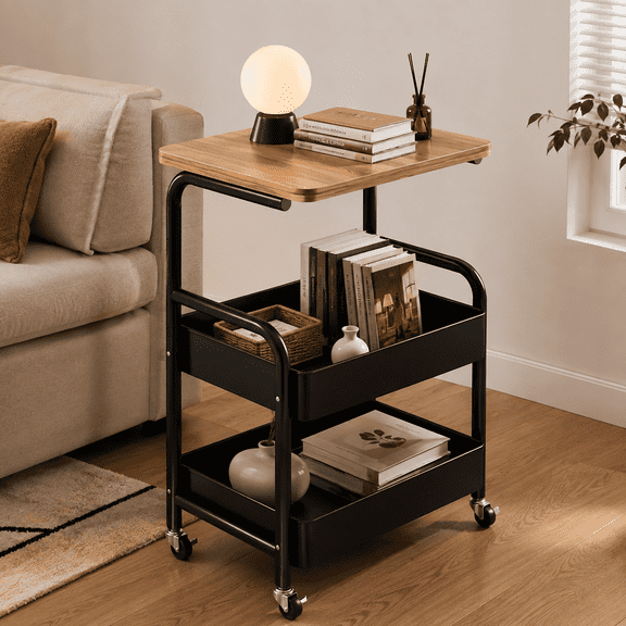 3 Tier Rolling Cart with Tabletop and Wheels, Metal Rolling Utility Storage Carts Organizer for Kitchen, Bathroom, Craft Room, Black